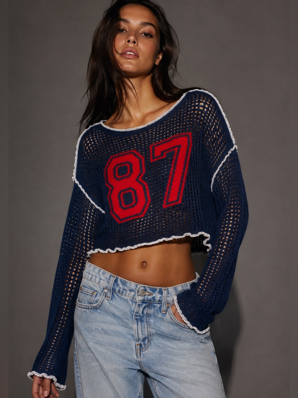 Planet Heart 87 Open Knit Mesh Cropped Sweater Navy Y2K Grunge